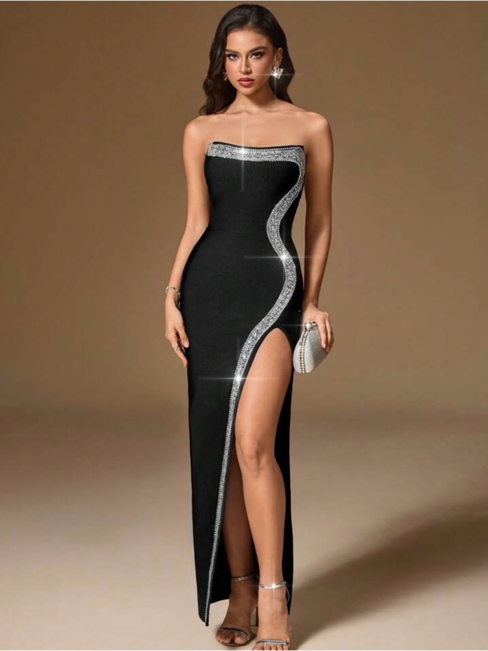Black Rhinestone Strapless Gown Size Large High Slit Evening Dress